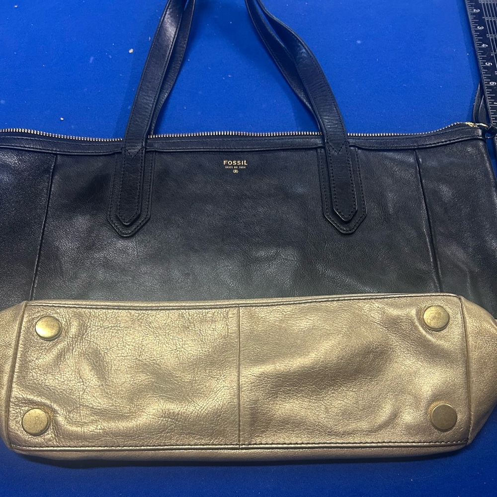 Fossil Black and Gold Leather Sydney Shopper Tote Bag